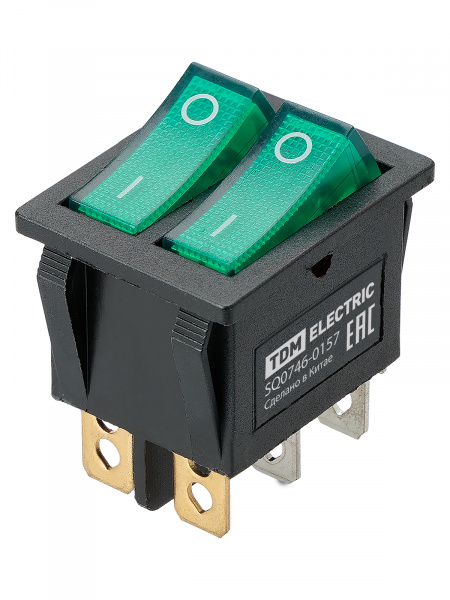 Выключатель двухклавишный KCD3-221N 250В AC/DC 1P 15А (6с) ON-OFF черный корпус, две зеленые клавиши с LED подсветкой TDM