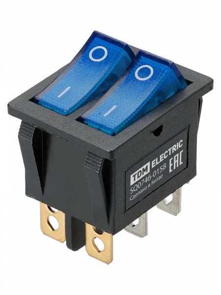 Выключатель двухклавишный KCD3-221N 250В AC/DC, 1P, 15А, (6с), ON-OFF, черный корпус, две синие клавиши с LED подсветкой TDM