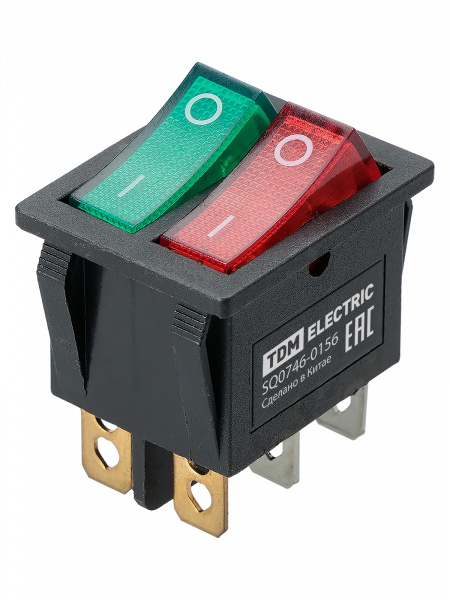 Выключатель двухклавишный KCD3-221N 250В AC/DC, 1P, 15А, (6с), ON-OFF, черный корпус, красная/зеленая клавиша с LED подсветкой TDM