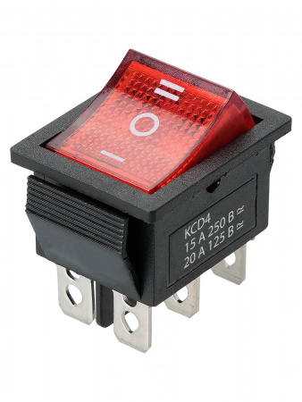 Переключатель клавишный KCD4-203N 250В AC/DC, 2P, 15А, (6с), ON-OFF-ON, c нейтральным положением, черный корпус, красная клавиша с LED подсветкой TDM