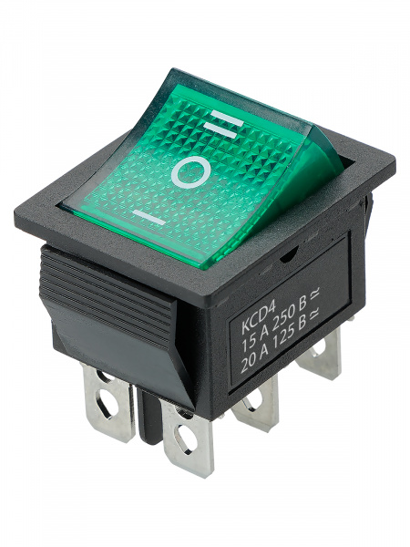Переключатель клавишный KCD4-203N 250В AC/DC, 2P, 15А, (6с), ON-OFF-ON, с нейтральным положением, черный корпус, зеленая клавиша с LED подсветкой TDM