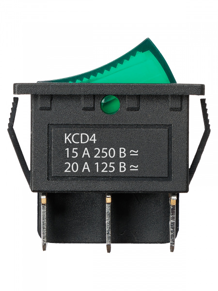 Переключатель клавишный KCD4-203N 250В AC/DC, 2P, 15А, (6с), ON-OFF-ON, с нейтральным положением, черный корпус, зеленая клавиша с LED подсветкой TDM