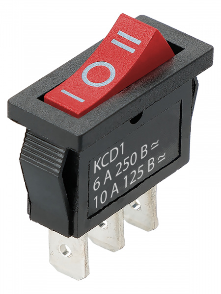 Переключатель клавишный KCD1-103 250В AC/DC, 1P, 6А, (3с), ON-OFF-ON с нейтралью, черный корпус, красная клавиша, Mini TDM