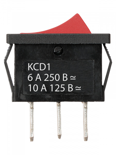 Переключатель клавишный KCD1-103 250В AC/DC, 1P, 6А, (3с), ON-OFF-ON с нейтралью, черный корпус, красная клавиша, Mini TDM