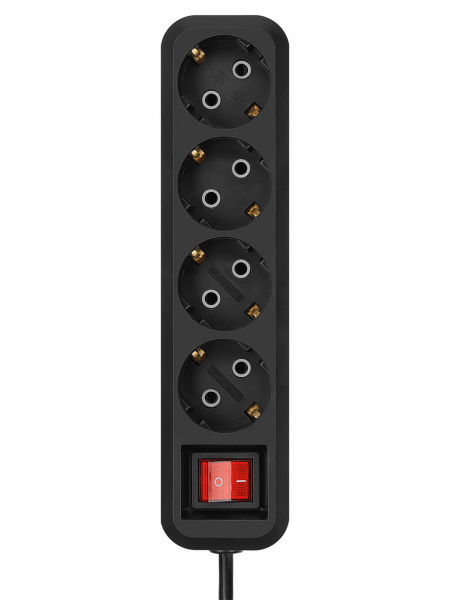 Удлинитель 4 гнезда, 3 метра, с/з, выкл., 10 А, 2300 Вт, черный, НАРОДНЫЙ У1-42056