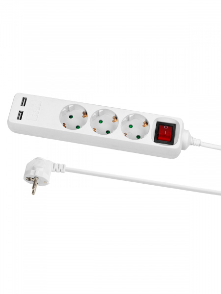 Удлинитель бытовой  У03В-USB 3 гнезда, 2USB 2,4А, 3 м, вык., з/к, ПВС 3х0,75мм2 10А/250В белый TDM