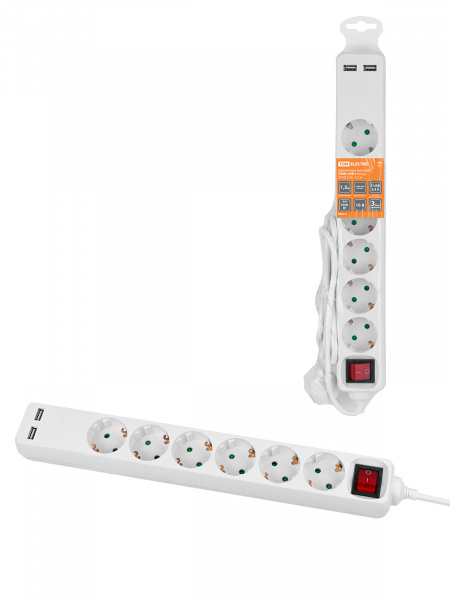 Удлинитель бытовой  У06В-USB 6 гнезд, 2USB 2,4А, 1,5 м, вык., з/к, ПВС 3х0,75мм2 10А/250В белый TDM