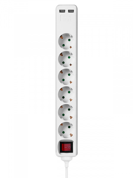 Удлинитель бытовой  У06В-USB 6 гнезд, 2USB 2,4А, 3 м, вык., з/к, ПВС 3х0,75мм2 10А/250В белый TDM