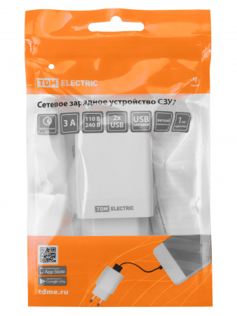 Сетевое зарядное устройство, СЗУ 7, Quick Charge 3.0, 3 А, 2 USB, белый, TDM