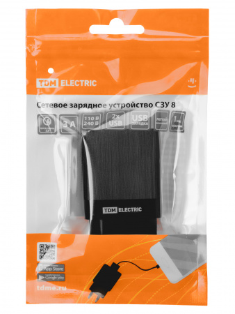 Сетевое зарядное устройство, СЗУ 8, Quick Charge 3.0, 3 А, 2 USB, черный, TDM