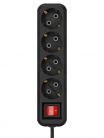 Удлинитель 4 гнезда, 1,5 метра, с/з, выкл., 10 А, 2300 Вт, черный, НАРОДНЫЙ У1-42056