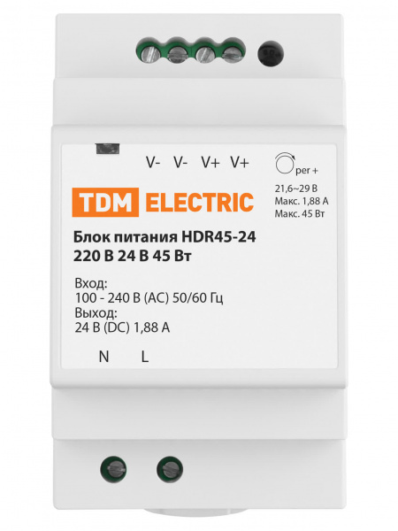 Блок питания HDR45-24, 220 В, 24 В, 45 Вт (на DIN-рейку) TDM