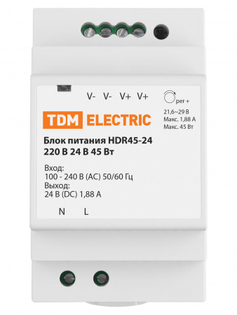 Блок питания HDR45-24, 220 В, 24 В, 45 Вт (на DIN-рейку) TDM