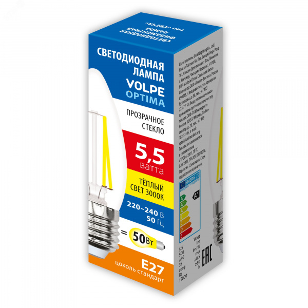 Лампа светодиодная Форма свеча прозрачная Теплый белый свет 3000K LED-C35-5,5W/3000K/E27/CL/SLF