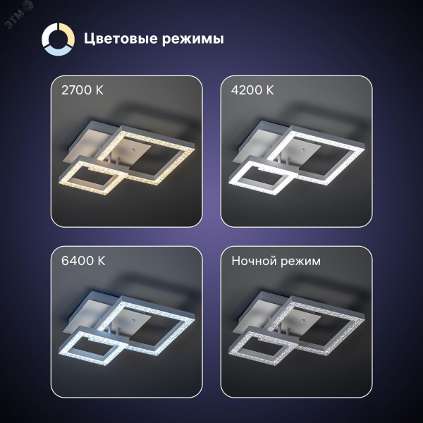 Люстра потолочная светодиодная диммируемая, SERENITA, с ДУ, 3 режима, 310x310x130мм, 60Вт, 2700К/4200К/6400К, 18м, белый