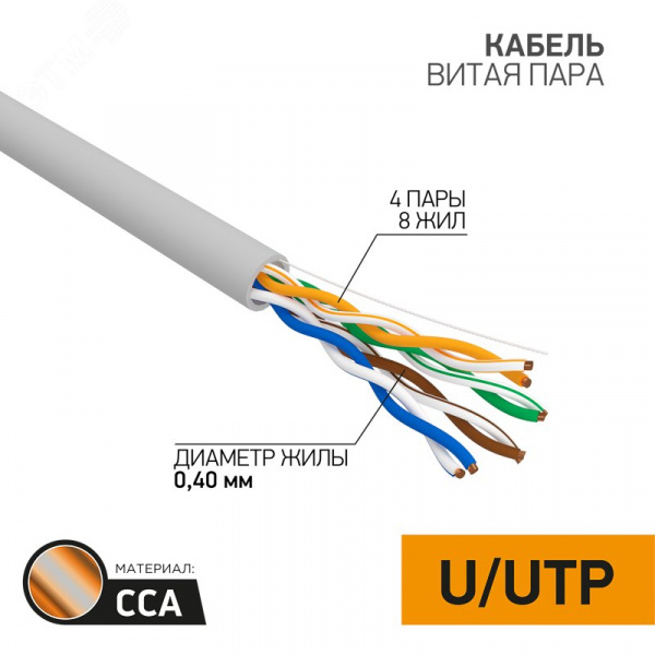 Витая пара U/UTP Light 4PR 26AWG CCA CAT5 PVC IN серый 305м