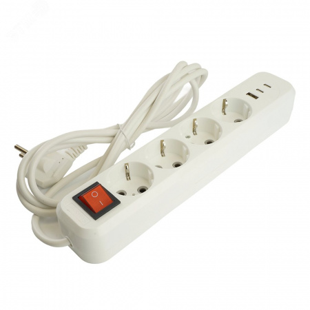 Удлинитель 4-местный с/з с выключателем 3x1 мм 2.5 м 250 В 16 А 1 USB+2 C 2.4 A белый HM071-41-05