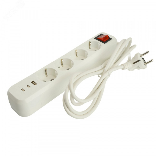 Удлинитель 4-местный с/з с выключателем 3x1 мм 2.5 м 250 В 16 А 1 USB+2 C 2.4 A белый HM071-41-05