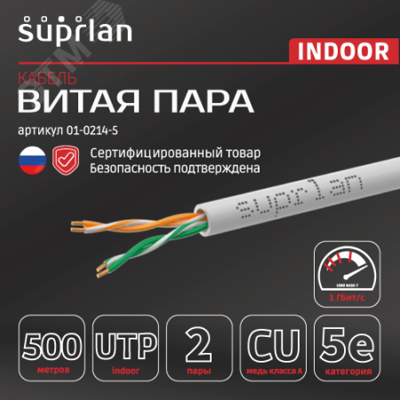 Витая пара U/UTP кат 5e 2x2x0.51 Premium Cu PVC IN 500м