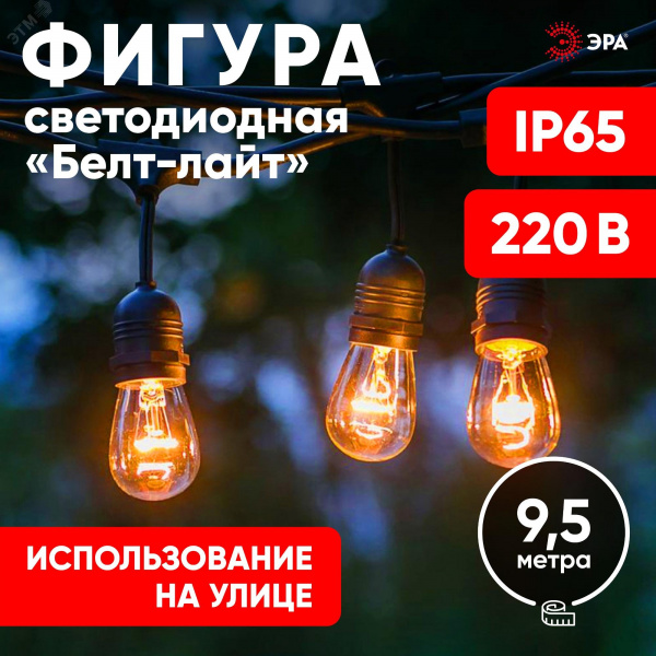 Гирлянда нить Филамент 2, 9,5 м, длина провода 60 см, 20 LED, теплый белый, E27, каучук, 220В, IP44 ERABL-FIL2