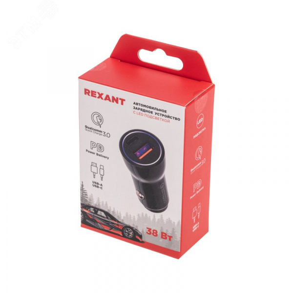 Автозарядка в прикуриватель АЗУ USB-A QC 3.0+USB-C PD 38 Вт черная