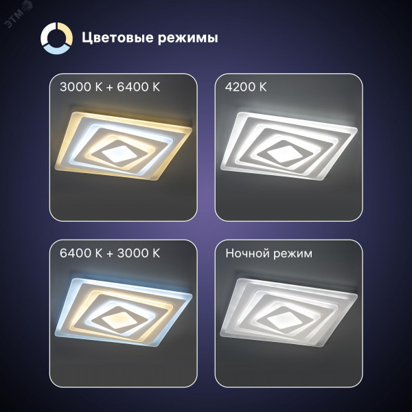 Люстра потолочная светодиодная диммируемая, TRAMPOLI, с ДУ, 3 режима, 490x490x60мм, 100Вт, 3000+6400K/4200K/6400+3000K, 36м, белый