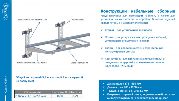 Полка кабельная К1162 УТ2,5 (L355 мм s 2,0 мм) оцинкованное