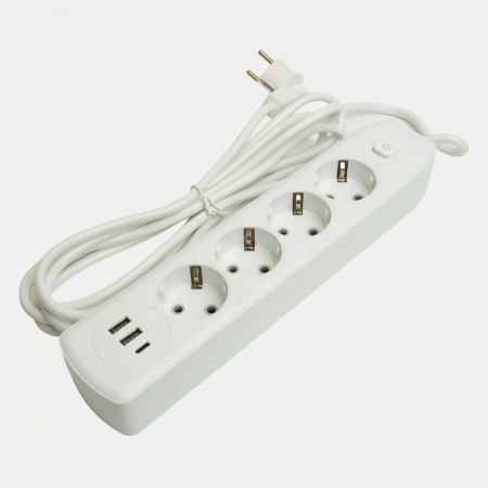 Удлинитель 4-местный c/з 3x1 мм2 3 м 250В 10А 2USB+1Type-C 2.4А Home белый