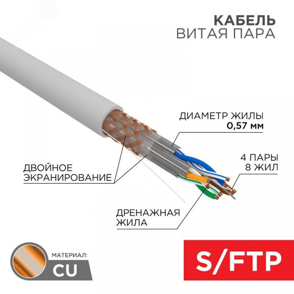 Витая пара S/FTP CAT 6A 4х2х0.57мм LSZH нг(А)-HF 23AWG IN серый PRO