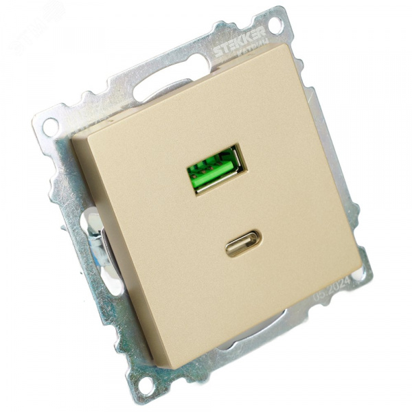 Розетка 2-местная USB+TypeC (механизм) 250В 3А max 20W серия Катрин золото STEKKER