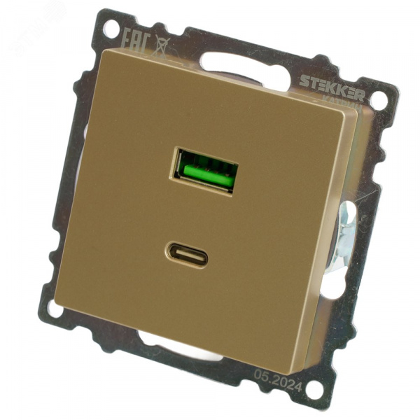Розетка 2-местная USB+TypeC (механизм) 250В 3А max 20W серия Катрин золото STEKKER