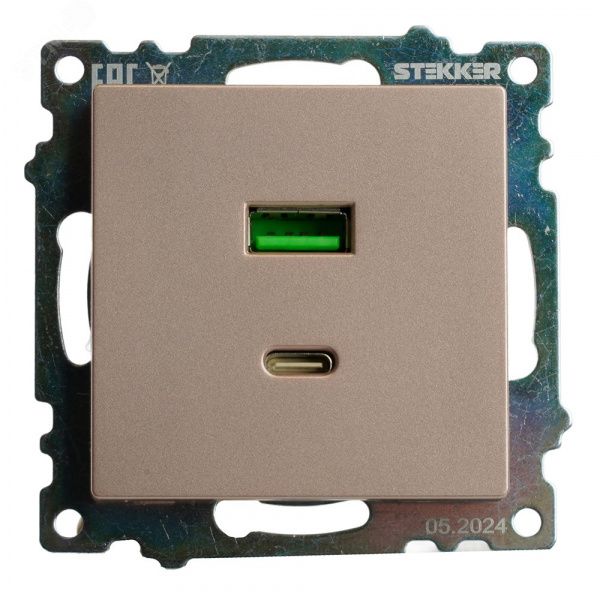 Розетка 2-местная USB+TypeC (механизм) 250В 3А max 20W серия Катрин шампань STEKKER