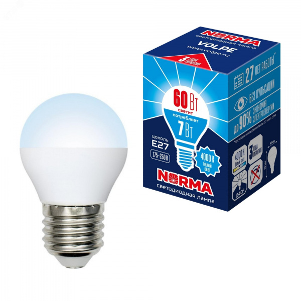 Лампа светодиодная LED-G45-7W/NW/E27/FR/NR форма шар, матовая, Norma, 4000 K