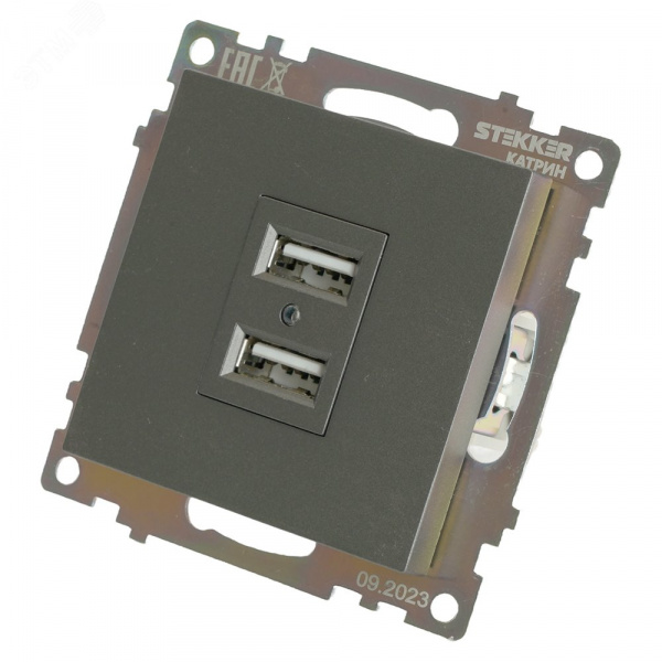 Розетка двухместная USB (механизм) 250В 2,1А серия Катрин графит STEKKER