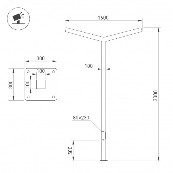 Опора освещения со светильником светодиодным OXOR-STER-Y-2000x100x100-L3000-100W Warm3000 BK, 230V IP65 ARL, сталь