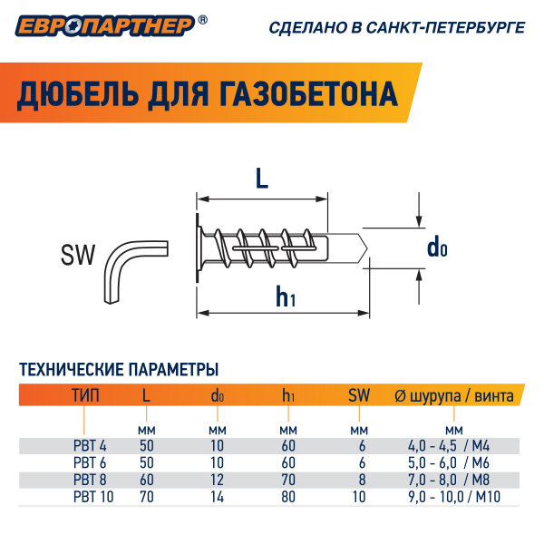 Дюбель для газобетона 10х50 нейлон (600 шт) (для винта М4)
