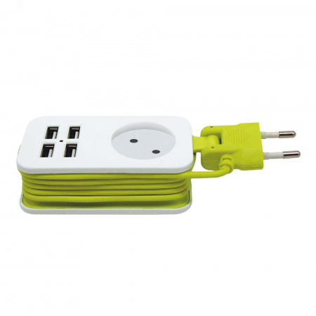 Удлинитель серии Travel, шнур 1,5м., 1 гнездо, 10A, б/з, 4USB(2,1A). Белый с салатовым  S-CT1-1,5U WHITE/GREEN