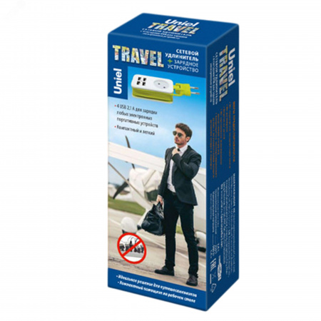 Удлинитель серии Travel, шнур 1,5м., 1 гнездо, 10A, б/з, 4USB(2,1A). Белый с салатовым  S-CT1-1,5U WHITE/GREEN