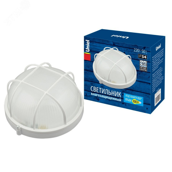 Светильник влагозащищенный под лампу Е27 UWL-R02 100W/E27 IP54 WHITE Kруг/Решетка