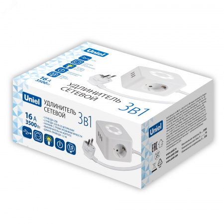 Удлинитель Standard c с заземлением шнур 1,5м 2 гнезда 3 USB 16А белый S-GCD2-1,5SBU WHITE