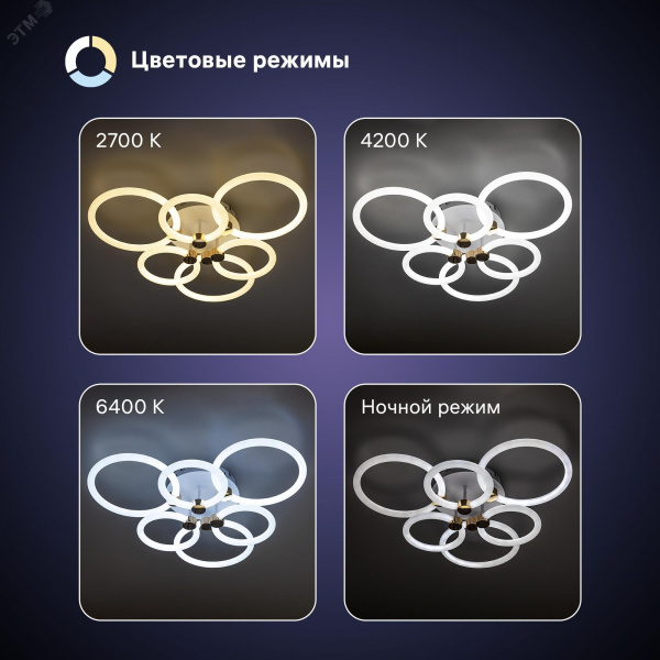 Люстра потолочная светодиодная диммируемая, OTTIMO, Алиса, с ДУ, 3 режима, 605x560x130мм, 144Вт, 2700K/4200K/6400K, 65м, белый/золото