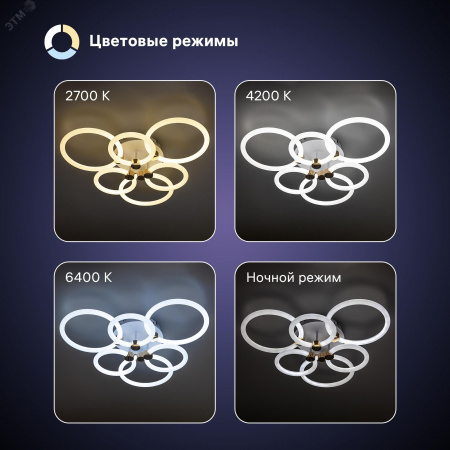 Люстра потолочная светодиодная диммируемая, OTTIMO, Алиса, с ДУ, 3 режима, 605x560x130мм, 144Вт, 2700K/4200K/6400K, 65м, белый/золото
