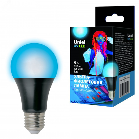 Лампа светодиодная ультрафиолетовая для дискотек LED-A60-9W/UVAD/E27/FR PLZ07BK Спектр UVA 410нм Картон