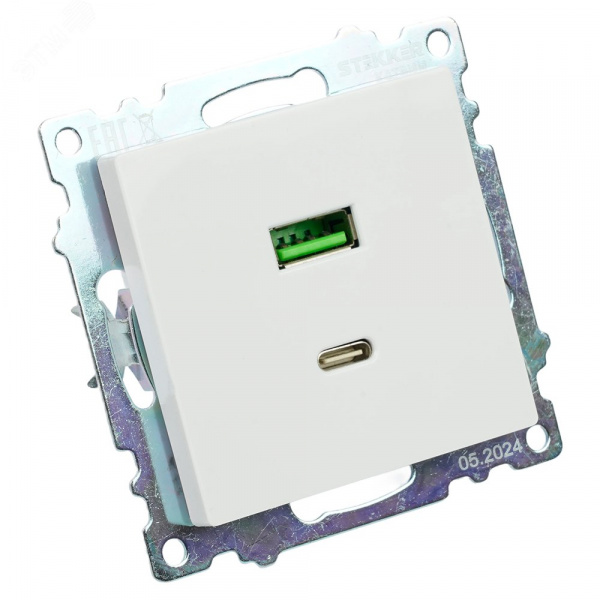 Розетка 2-местная USB+TypeC (механизм) 250В 3А max 20W серия Катрин белый STEKKER