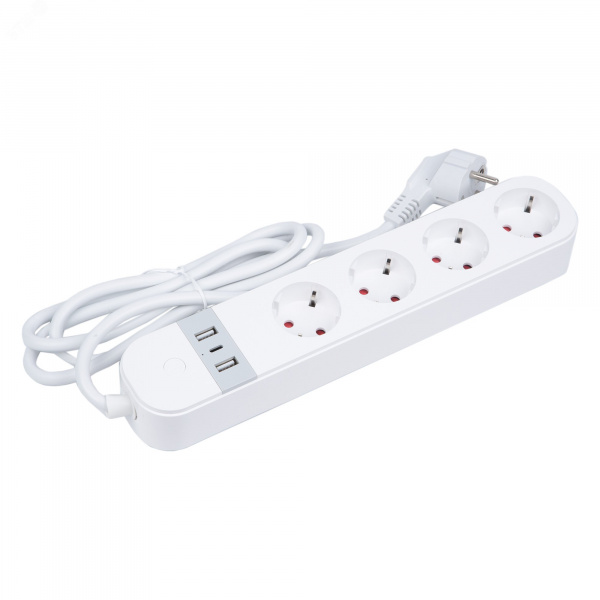 Умный сетевой фильтр Wi-Fi 1.8м ПВС 3х1,5 4 гнезда, с заземлением, 2USB Type-C  5В, 3A 16А  До 3680Вт Голосовое управление приложение UnielSmart TM Unie lP-GCL4-1,8 A201/UC/WF WHITE