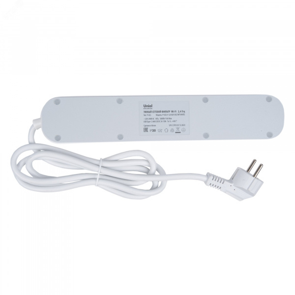 Умный сетевой фильтр Wi-Fi 1.8м ПВС 3х1,5 4 гнезда, с заземлением, 2USB Type-C  5В, 3A 16А  До 3680Вт Голосовое управление приложение UnielSmart TM Unie lP-GCL4-1,8 A201/UC/WF WHITE