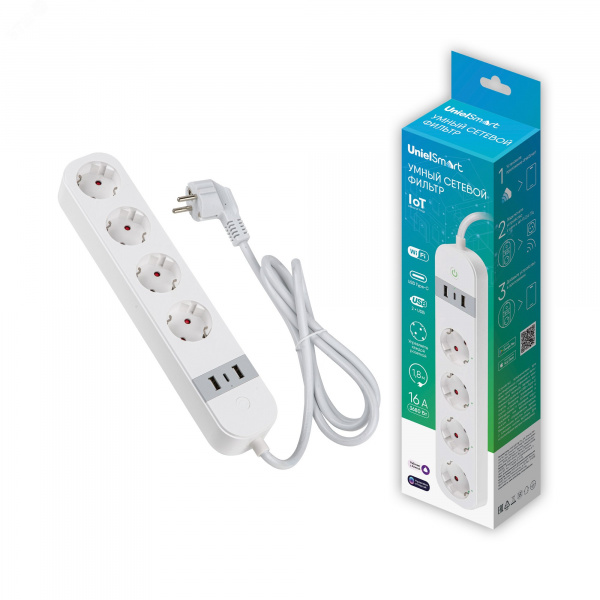 Умный сетевой фильтр Wi-Fi 1.8м ПВС 3х1,5 4 гнезда, с заземлением, 2USB Type-C  5В, 3A 16А  До 3680Вт Голосовое управление приложение UnielSmart TM Unie lP-GCL4-1,8 A201/UC/WF WHITE