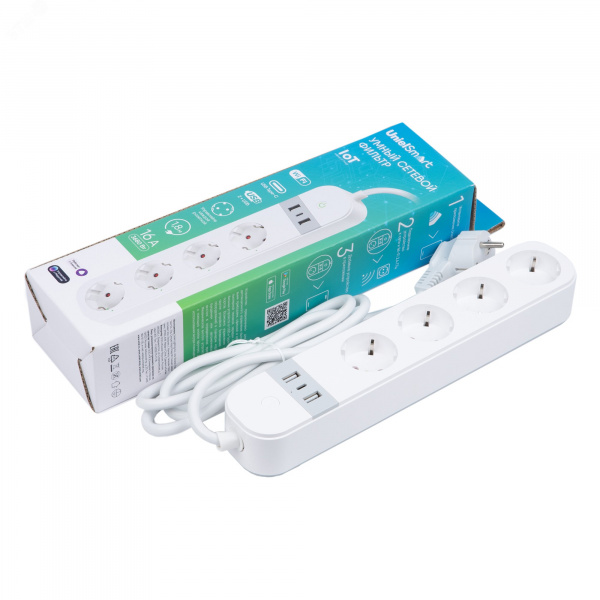 Умный сетевой фильтр Wi-Fi 1.8м ПВС 3х1,5 4 гнезда, с заземлением, 2USB Type-C  5В, 3A 16А  До 3680Вт Голосовое управление приложение UnielSmart TM Unie lP-GCL4-1,8 A201/UC/WF WHITE