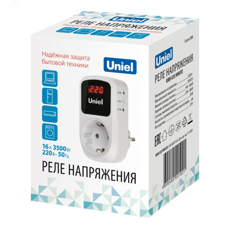 Реле напряжения однофазное 16А 3500Вт с заземлением Белый TM Uniel UBR-E35 WHITE