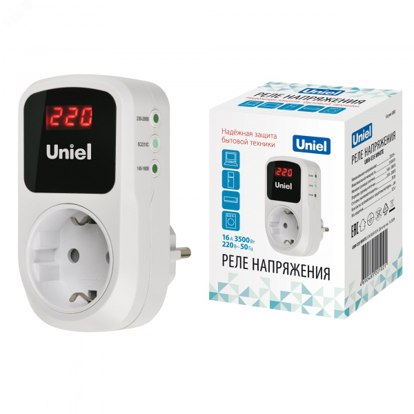 Реле напряжения однофазное 16А 3500Вт с заземлением Белый TM Uniel UBR-E35 WHITE